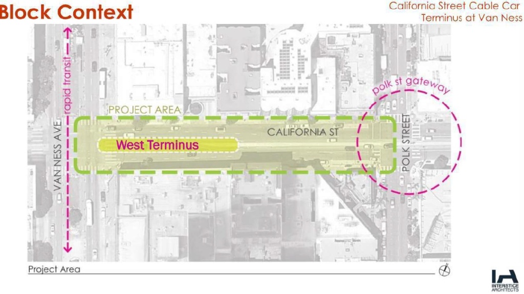 Block Context: Map showing California Street between Polk and Van Ness. Highlighted on the map is the Van Ness Rapid Transit line and highlights the intersection of Polk street as the 'Polk Street Gateway)